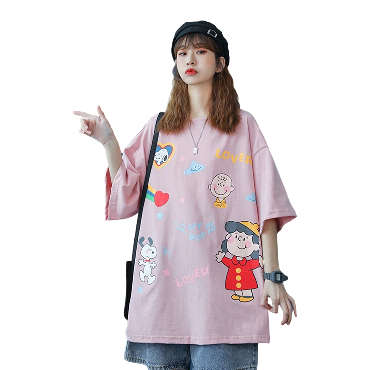 
VANWO 2021 summer new couples short sleeve T shirt male cartoon pattern trend Korean version loose cotton base shirt 