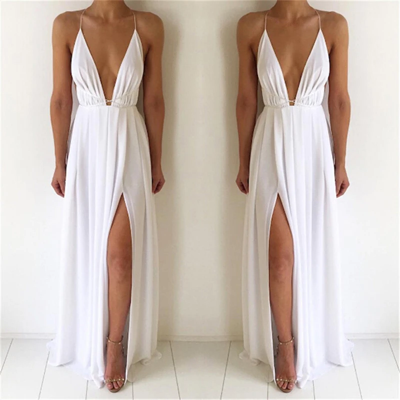 Lace Splice White Long Dress Beach Deep V Neck Sexy Summer Sundress Boho Drawstring Side Split Maxi Dresses Women
