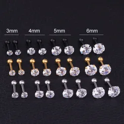 3MM-6MM 16G Stainless Steel Round CZ Stone Ear Tragus Conch Helix Cartilage Piercing Earring Back Screw Back Stud for Women