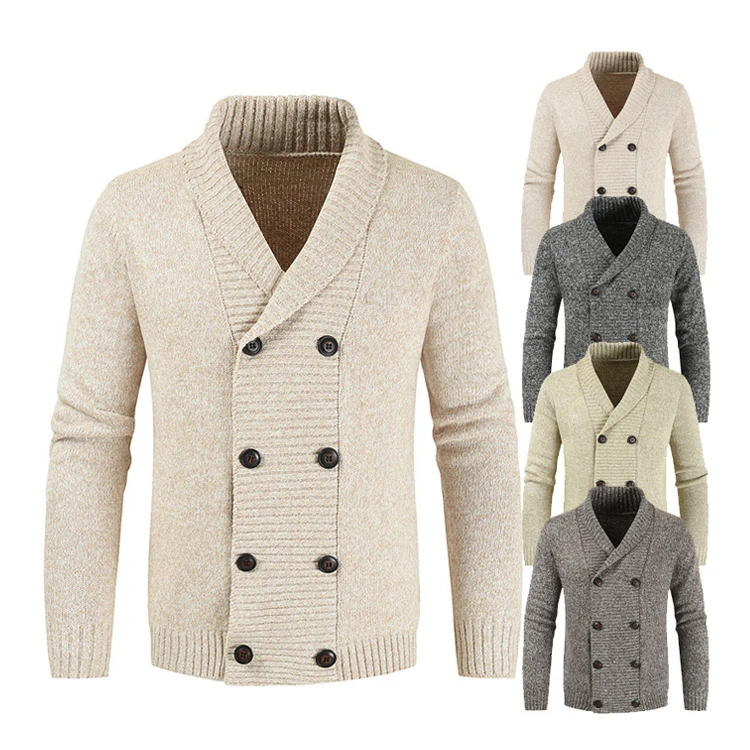 Winter Casual Cotton Plain Knit Lapel Neck Mens Double Button  Cardigan Sweaters