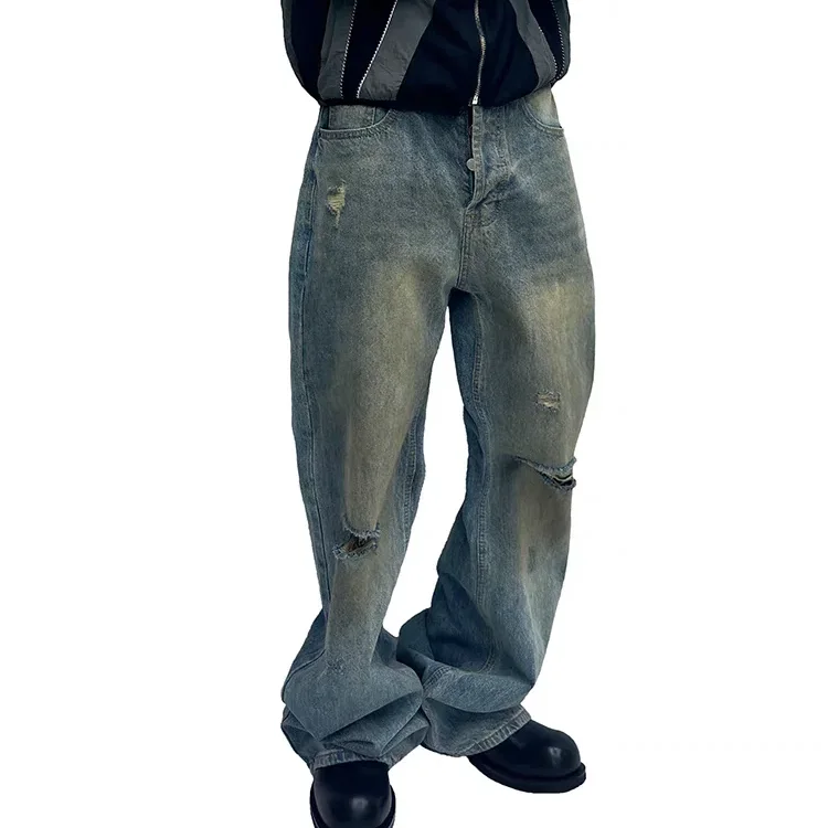 Old Wash Blue Denim Pants Loose Straight Tube Micro Cropped Colorful Spray with Windproof Feature 100% Cotton Destroy Wash