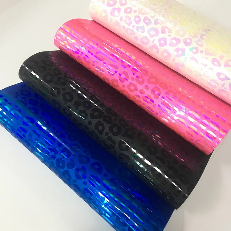 leopard pattern Metallic Holographic Reflective Pu Synthetic Faux Leather For Bags/shoes Making