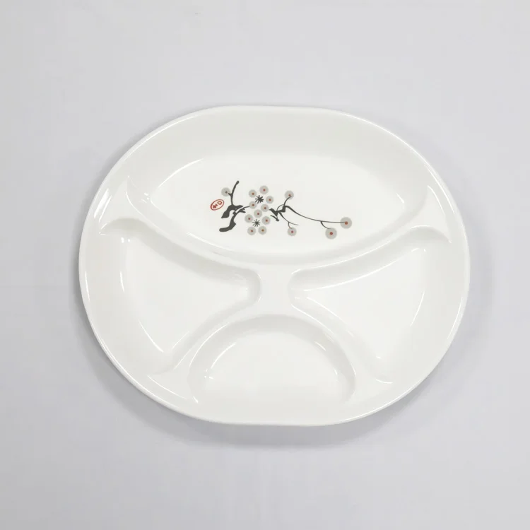 Chinese Flower Pattern Printed White Round 4 Divided Plates Melamine Partition Serving Plate