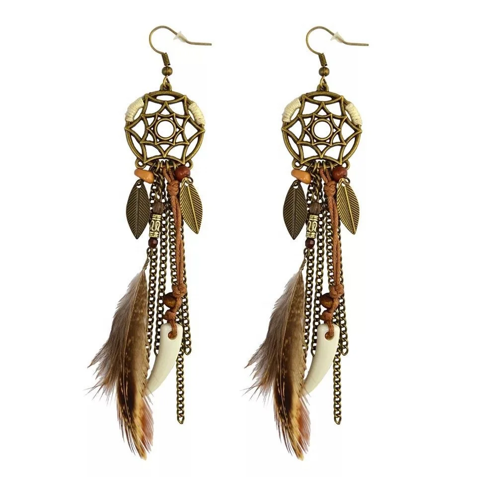 Hot cheap selling feather earrings ethnic style European and American retro dream catcher metal leaf feather earrings 2024