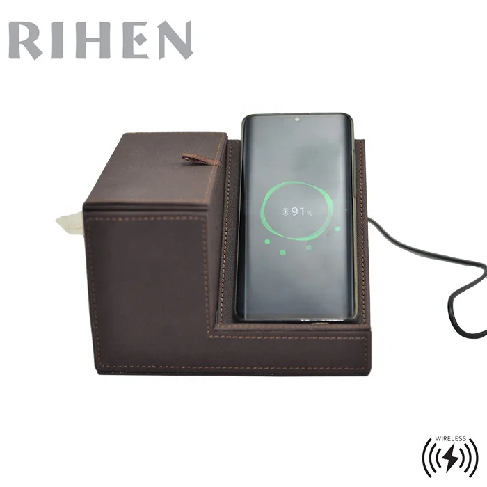 
Desk Holder PU Leather Desktop Organizer with 10W Wireless Charger Tissue box for coffee shop BAR 