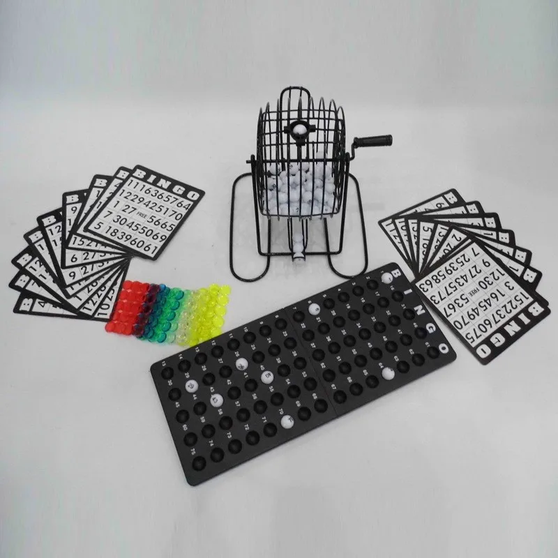 Traditional Bingo Game Set Metal Cage With Master Board Bingo Cards Colorful Chips Calling Balls For Family Game