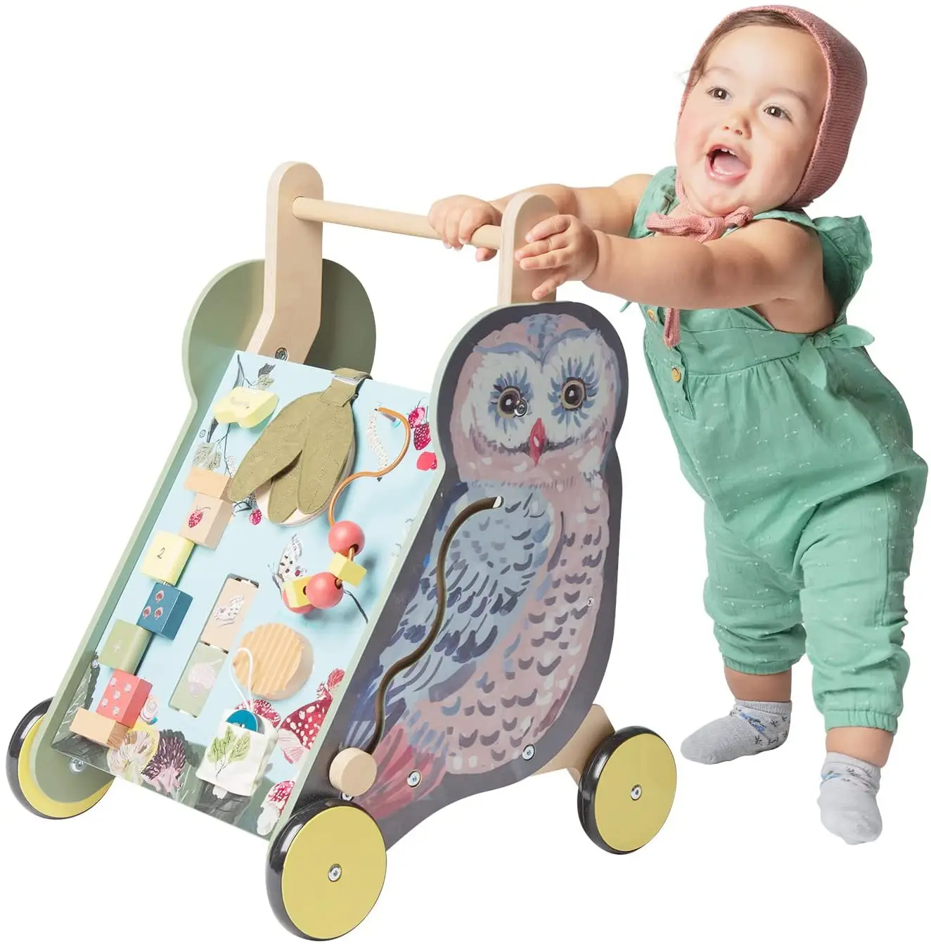 Wild woods Owl Wooden Push Cart hands-on learning toys with Shape Sorter and Basket, Serrated Oval, Spinners, Bead Run and More
