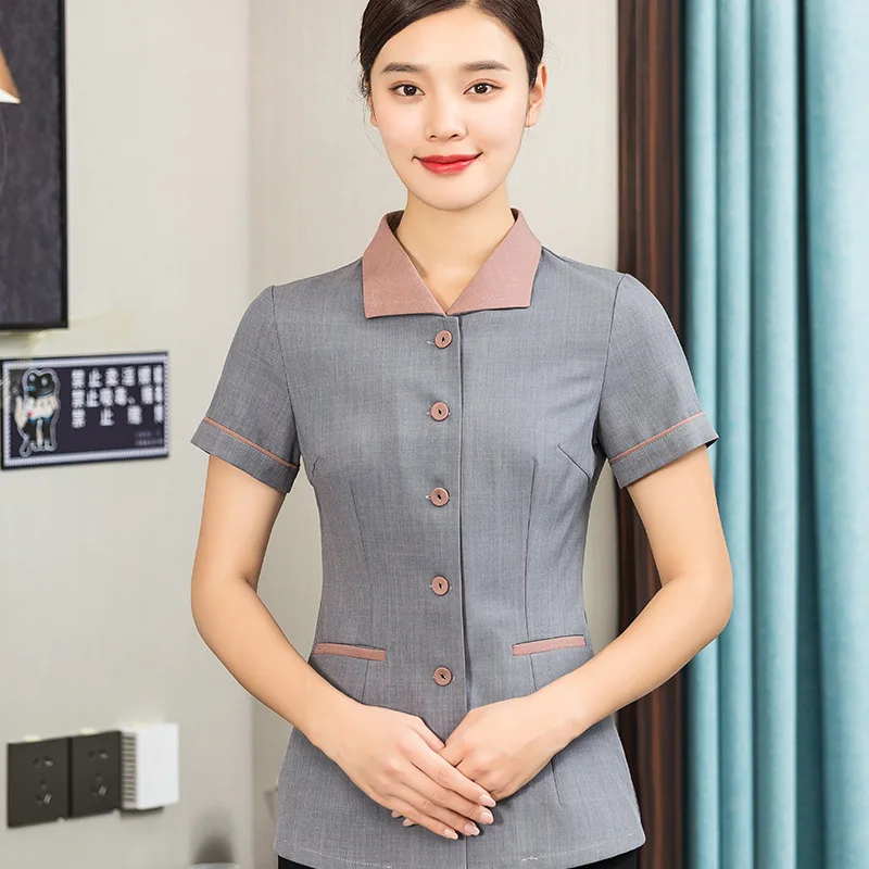 women logo custom hotel restaurant cleaner receptionist cleaning housekeeping staff working uniform short sleeve shirt shirts