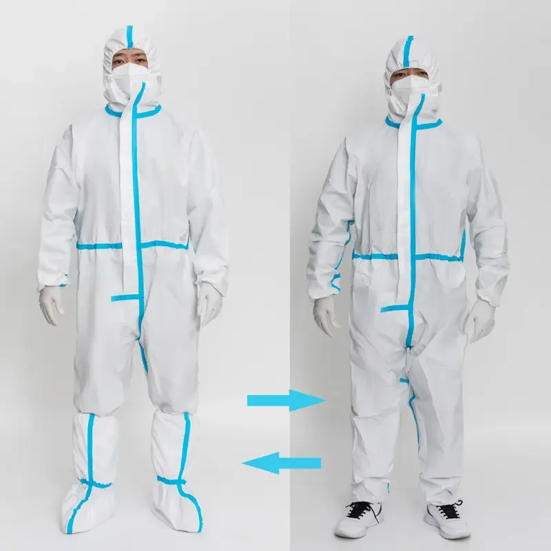 White Sms Coveral with Hood Medical Microporous Disposable Coverall Chemical Non Woven Protective Full Body Disposable PE Blue