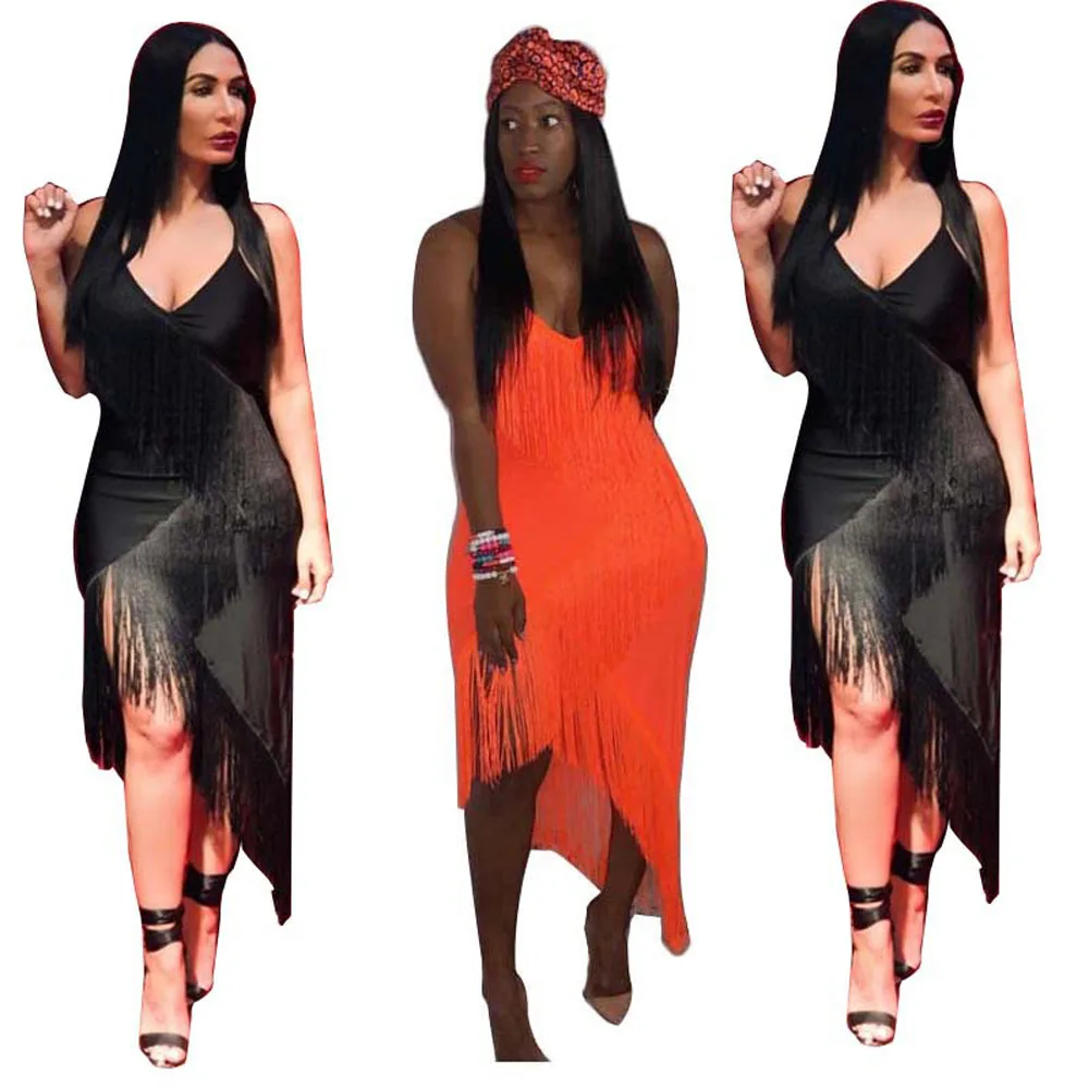 
deep v neck sleeveless bodycon sexy women tassel latin dance dress 