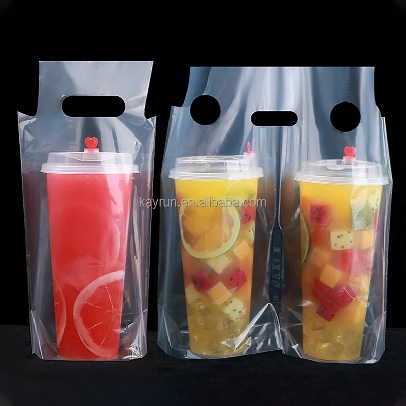 Disposable take out 1 2 cup drink thicken packaging plastic bags bubble tea takeaway plastic bag