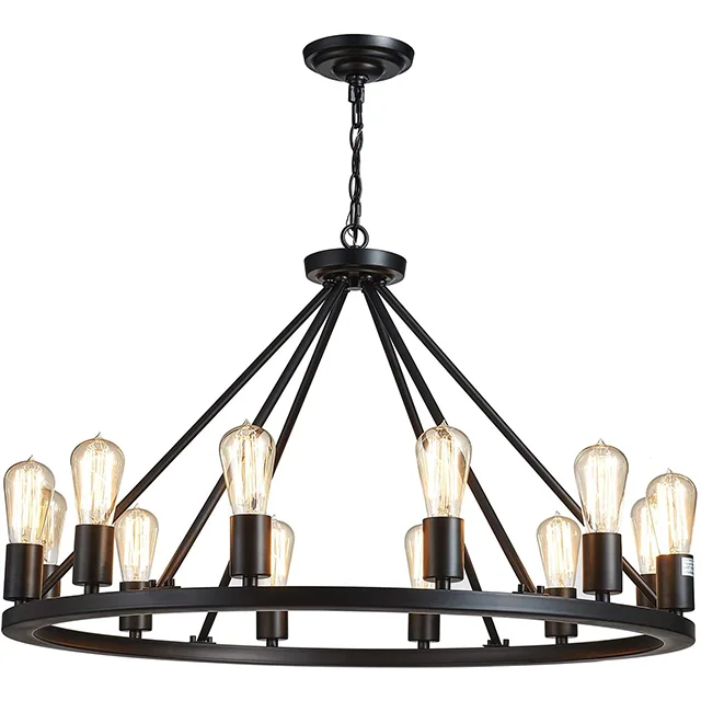 Country farmhouse industrial style black finish H 50.8cm,D 81.2cm with adjustable chain Retro painted metal chandelier 12 lamps