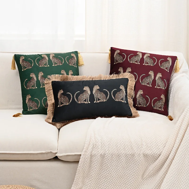 Light luxury cushion cover Nordic animal print pillow cover leopard gold fringe decoration throw pillow cover sofa cushion