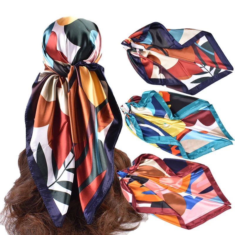 Fashion 90cm Silky Headwraps Silk Satin Head Large Square Scarf Hair Wrap Muslim Hijab Bandanna For Women