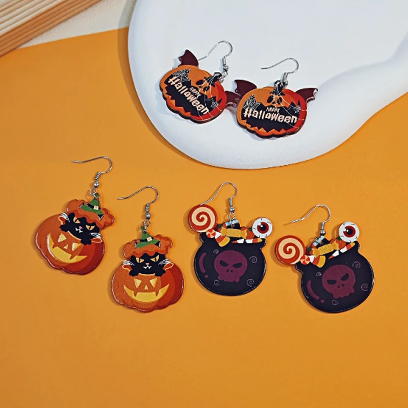 Halloween Oil Drop Pumpkin Black Cat Pendant Earrings Personality Creative Smiley Face Earrings Set For Halloweeb Decoration