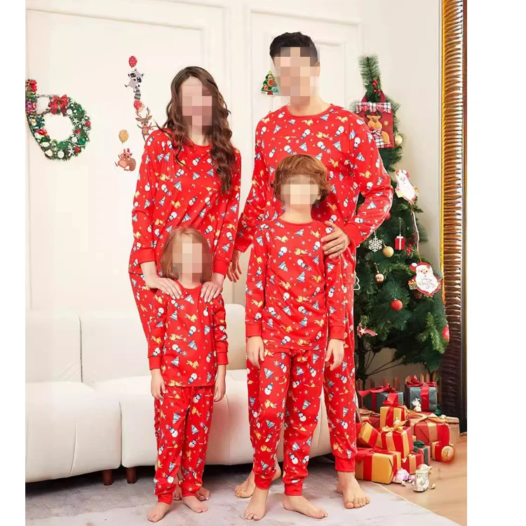 Custom Christmas Deer Tree Printed Red Long Sleeve Parent and Children Pajamas Long Sleeve Winter Nightgown Family Match Pyjamas