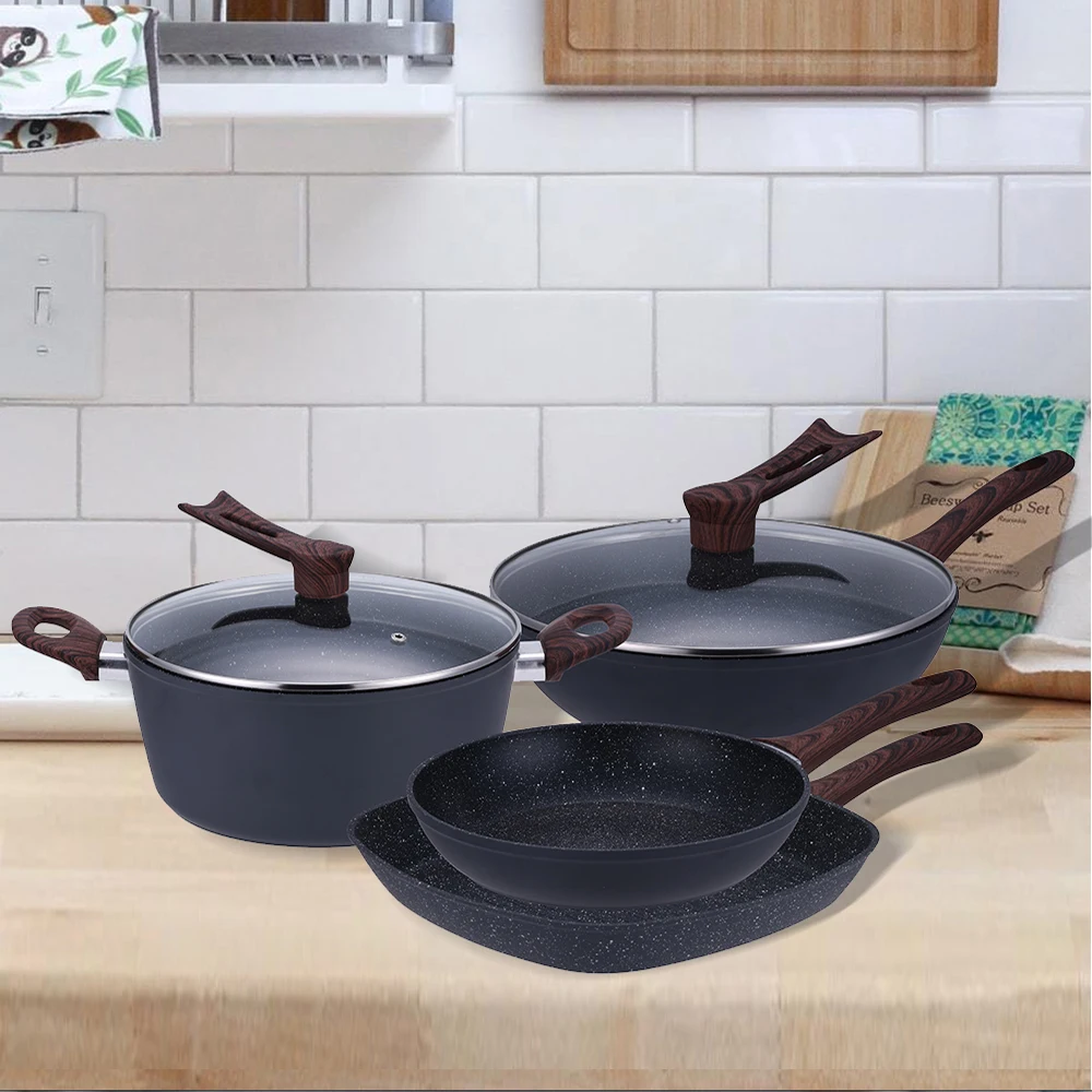 Cookware set forged aluminum kitchenware sauce pan frying pan frying pan casserole set non-stick marble coated bakelite handle