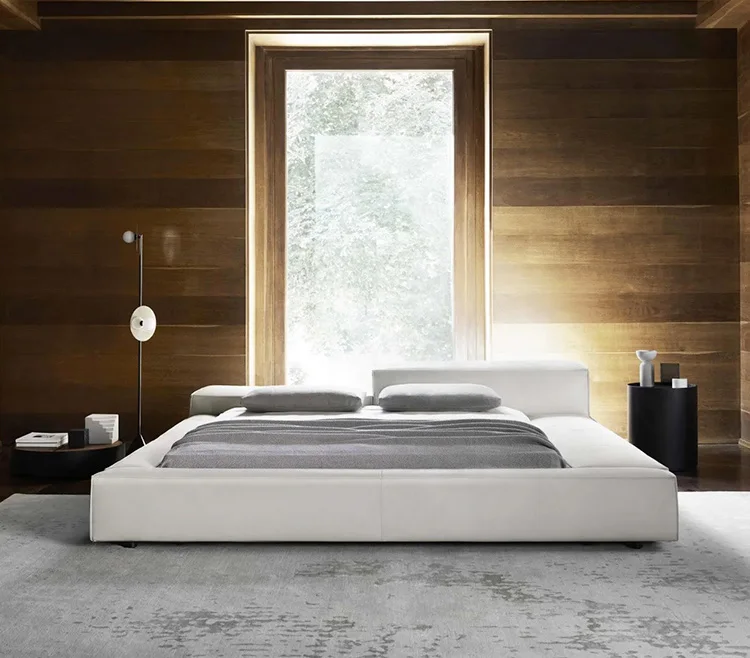 Factory Italian Leather Double Bed Big Bedroom Furniture Wooden King Size Beds Modern Up-holstered Beds For Apartment Villa