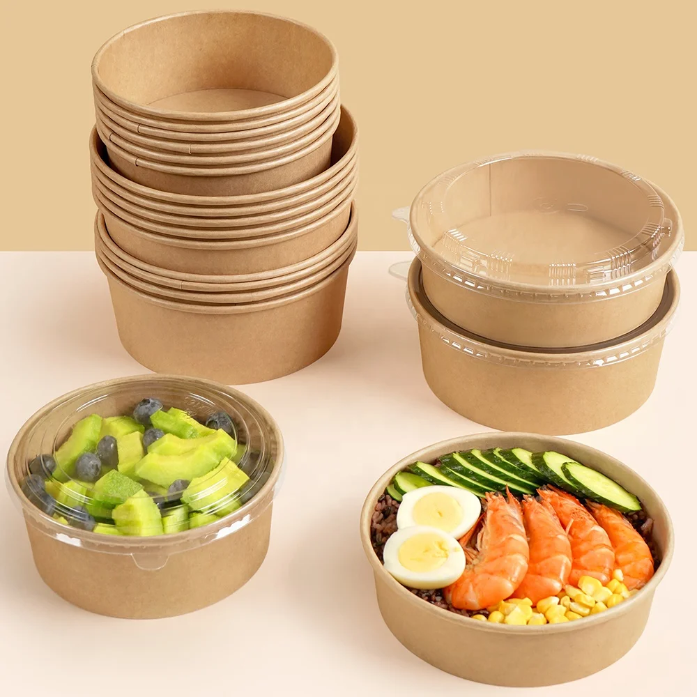 customize logo printing disposable kraft paper bowl paper salad box round paper container with OPS lid for fast food fruit snack