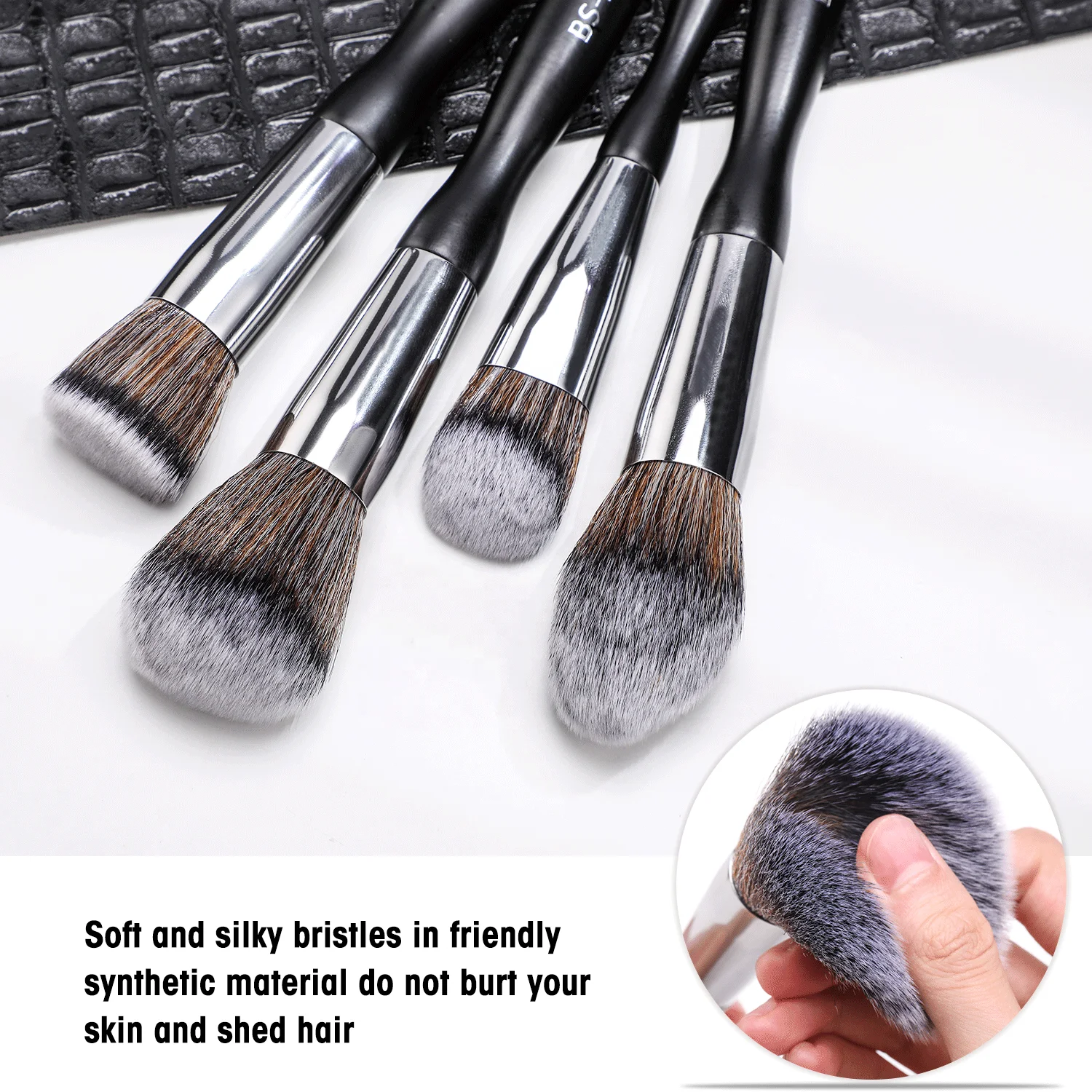 Professional BS MALL Makeup Brush Set 16pcs Custom Logo Wooden Handle Brushes Cosmetic Wholesale Black Makeup Brushes with Bag
