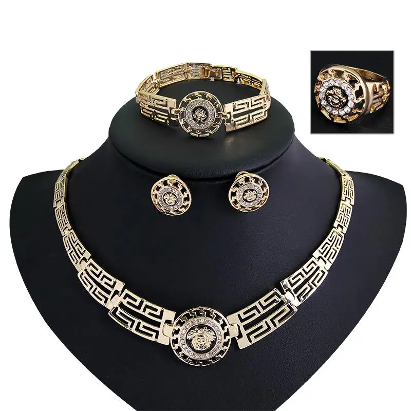  Vintage Charming Euramerican Round Necklace Earring Bracelet Ring Set for Women 4-Piece