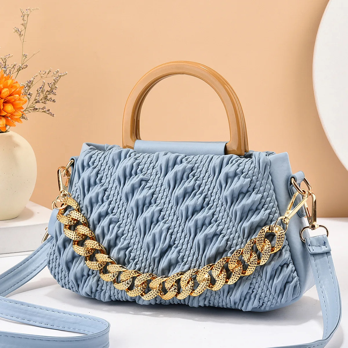 RU Top Handle Pleated Soft PU Leather Women Shoulder Bags Large Capacity Chain Handbags Ladies Purses Wholesale