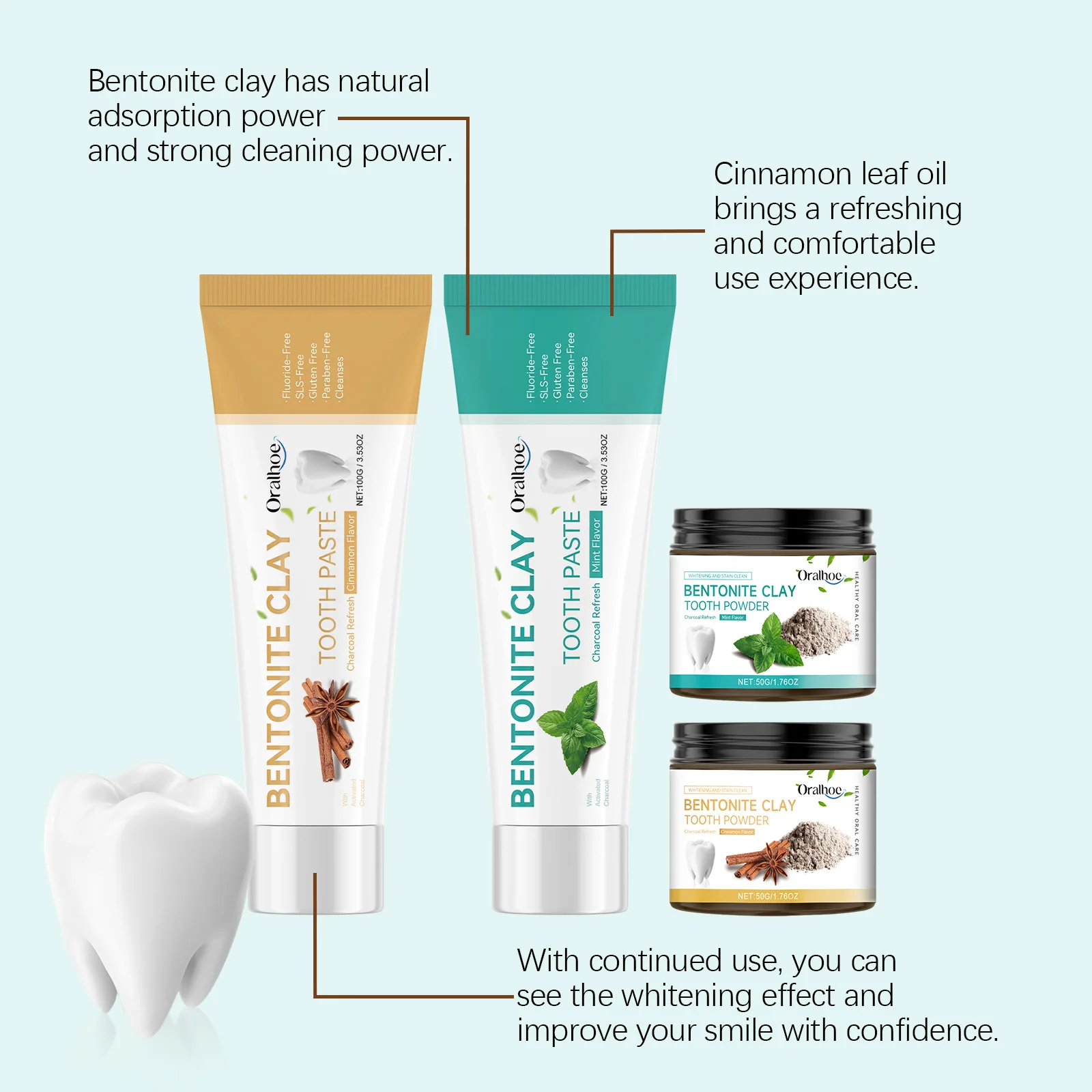 Hot selling ORALHOE long-lasting fragrance breath effectively cleanses tartar, whitens and repairs Bentonite clay toothpaste