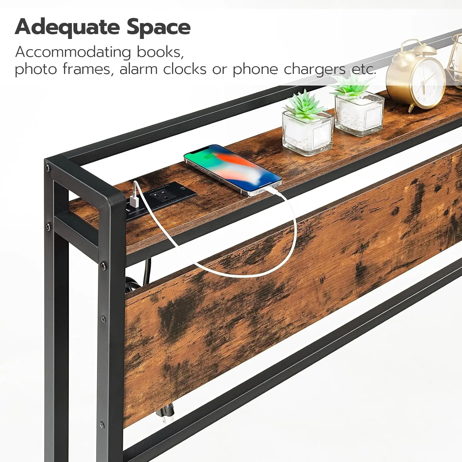 Large headboard with 2 sockets and 4 USB ports, adjustable height, storage rack, Bedside shelf nightstand