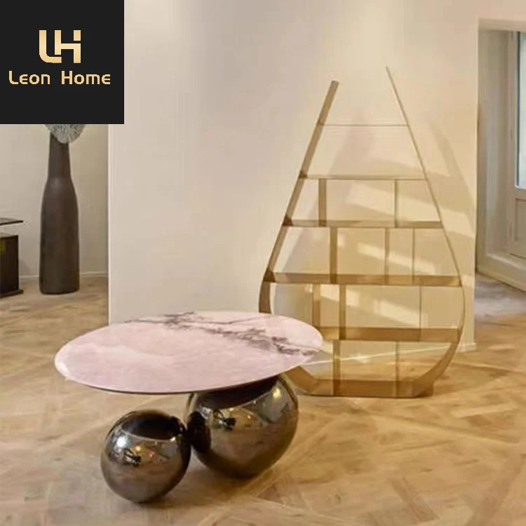 Luxury Italian Style Round Marble Top Coffee Table Living Room Stainless Steel Ball Legs Coffee Table