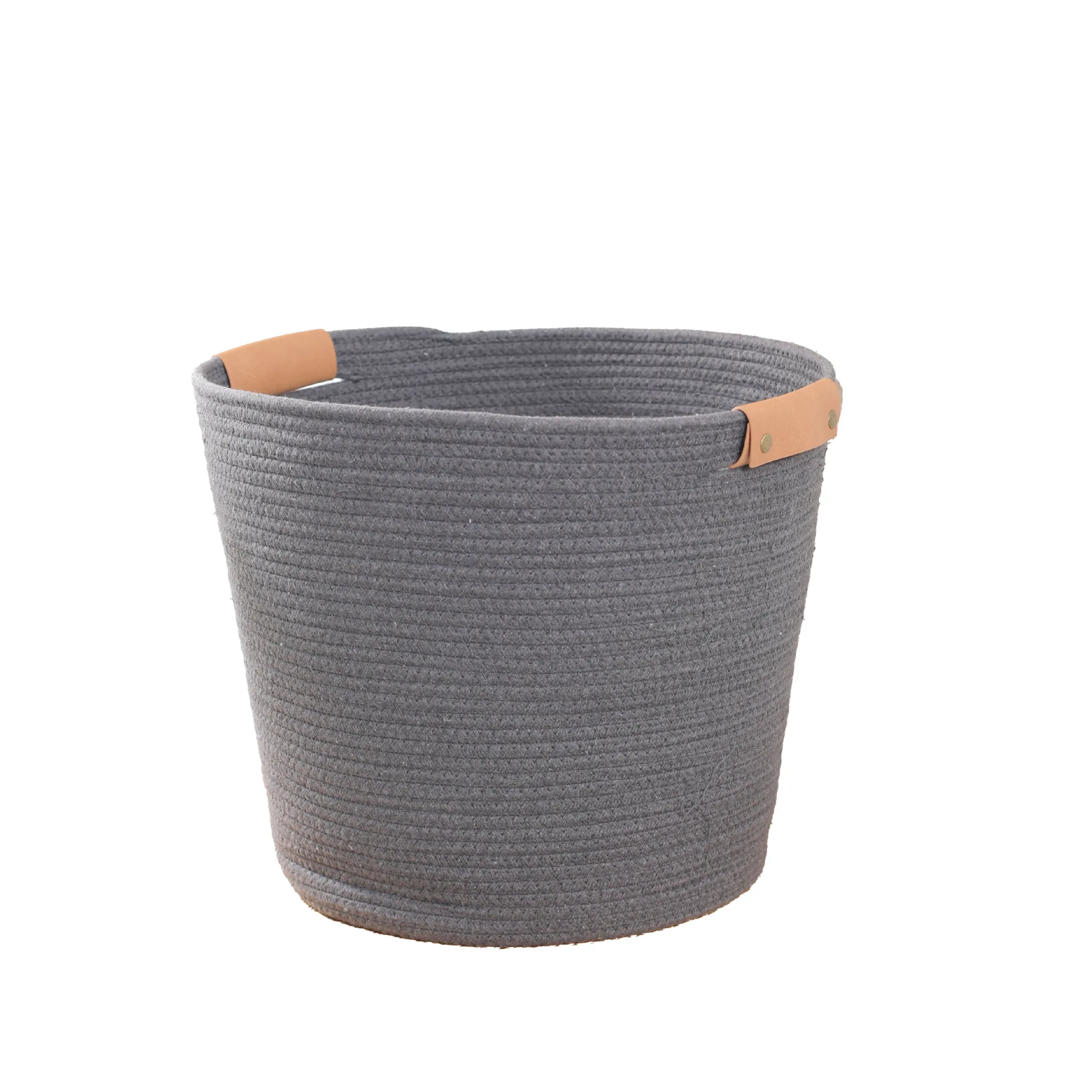 Wholesale Decorative fashion foldable Woven Laundry Cotton Rope storage Basket with Leather Handles