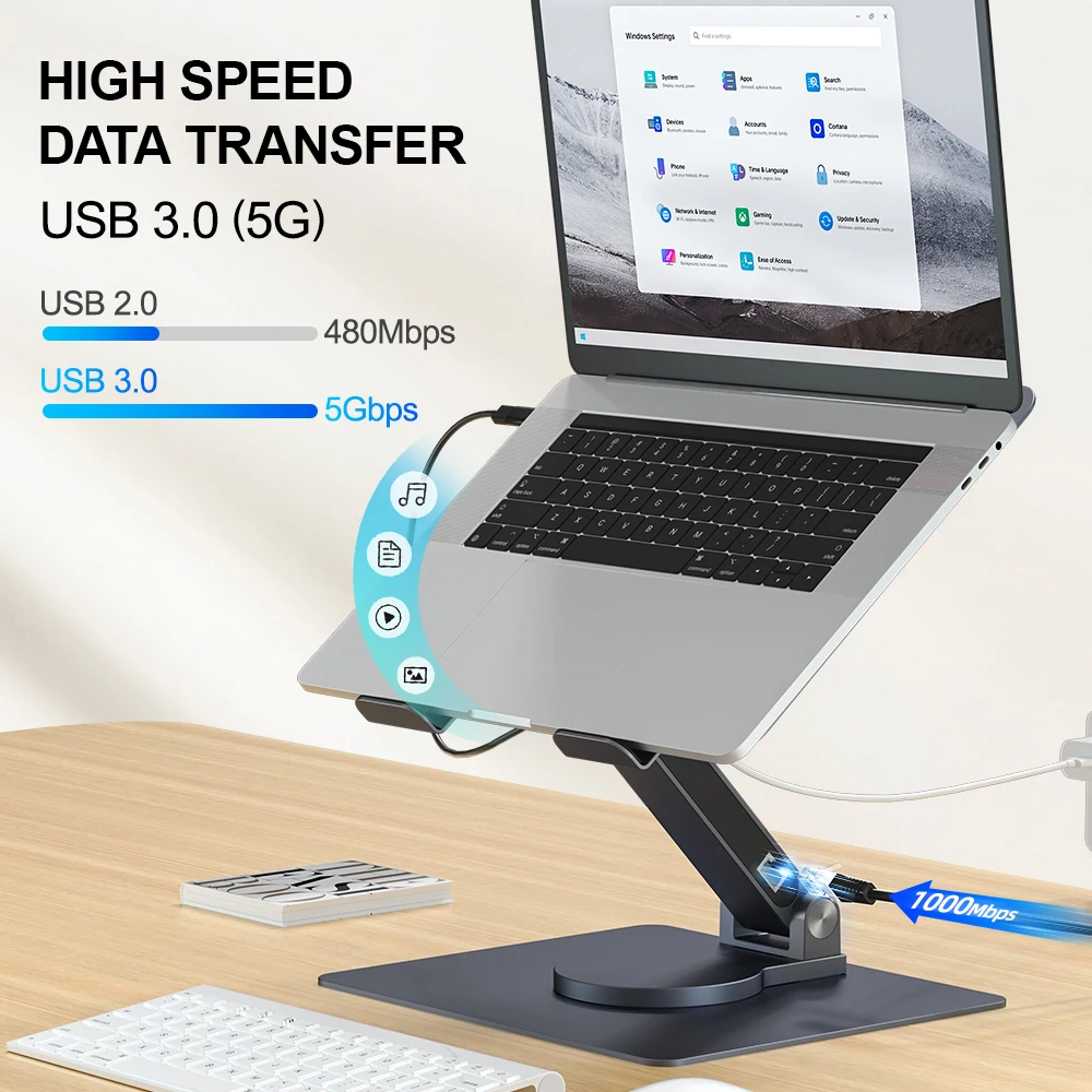 7-in-1 360 Degree Rotatable Aluminum Laptop Stand Adjustable 100W PD3.0 100W RJ45 SD TF Card Reader Portable Laptop Desk
