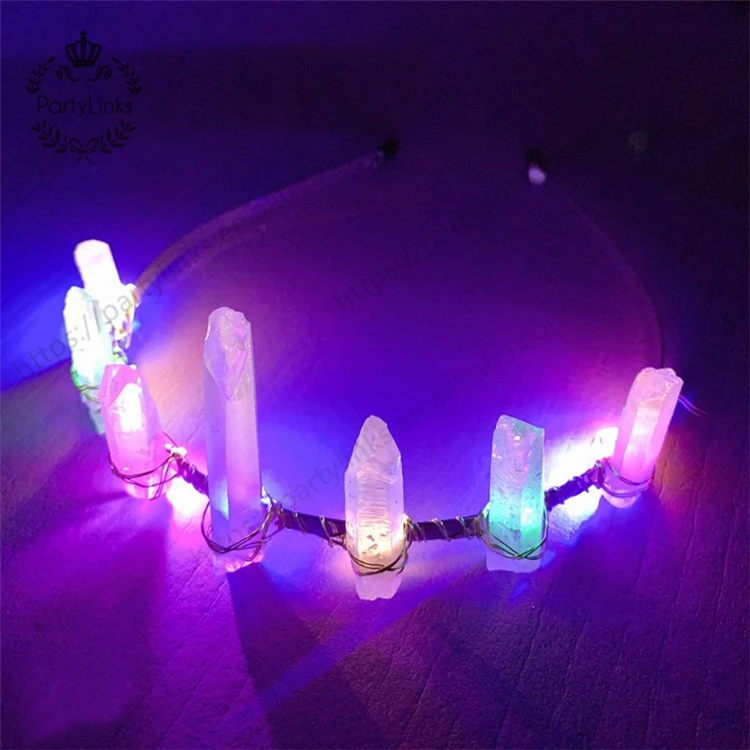 European Princess Vintage LED Flashing Tiara Crown Raw Crystal Colorful Hair Hoop Women Halloween Christmas Headpiece
