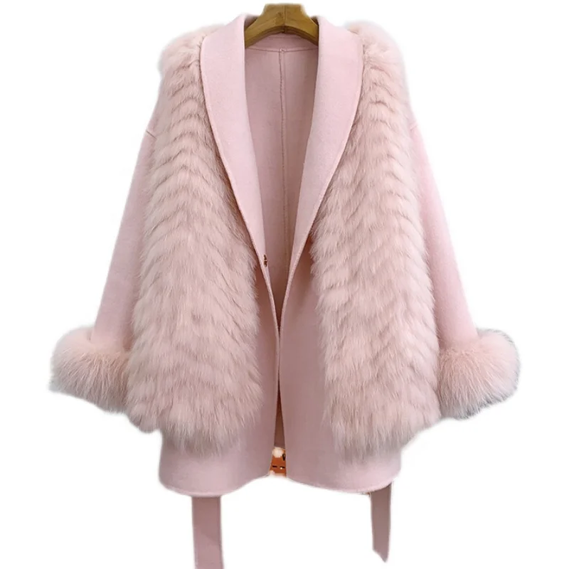 Women 100% Wool Blends Coat Jacket With Luxury Fox Fur Vest Warm Lady Overcoats JT3211