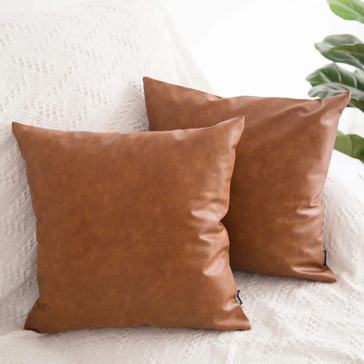 Leather Throw Pillow Covers  Thick Cognac Brown Modern Solid Decorative Square Bedroom Living Room Cushion Cases for Couch Bed