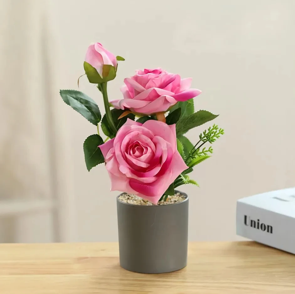 Hot selling Cheap High Quality Artificial Rose Flower Bonsai Mini Desktop Potted Artificial Flowers to Decorate Party