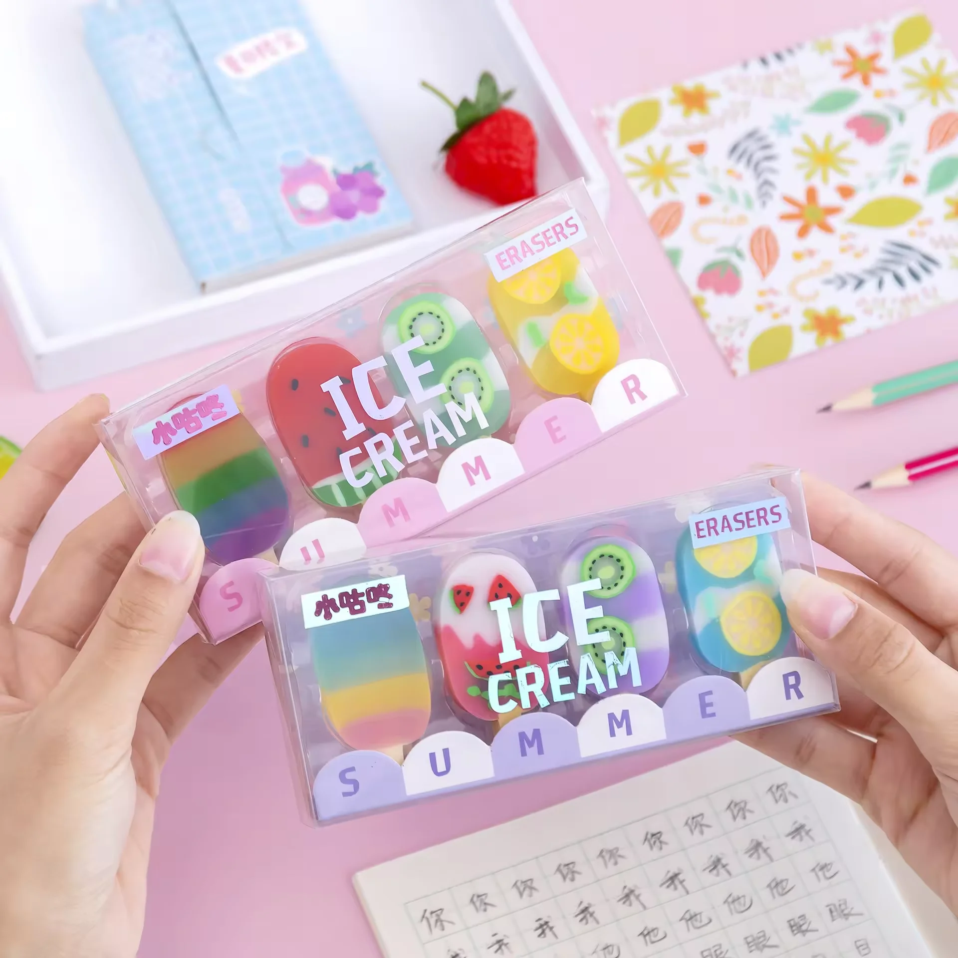 1 set Colorful Summer Ice Cream Fruits Rubber Eraser Kawaii School Erasers set Supplies Stationery For Kids Students Cool Prizes
