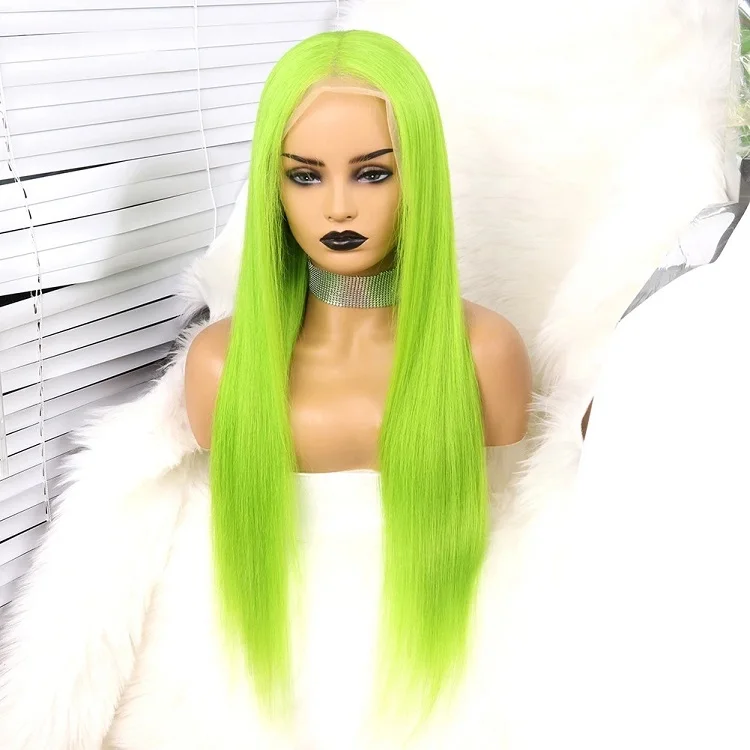 Green Human Hair Lace Front Wig Straight Long Colorful Virgin Hair Lace Wig Glueless 13X6 Lace Front Wig for Women