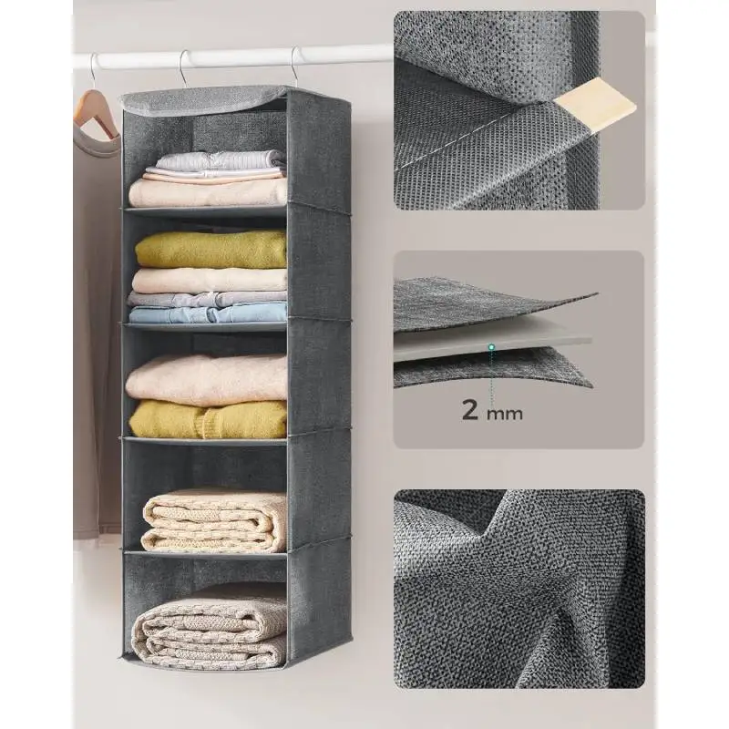 Hanging Organiser Hanging Shelf Hanging Storage Foldable and Space Saving Metal Hooks and Bamboo Inserts Linen Like Texture
