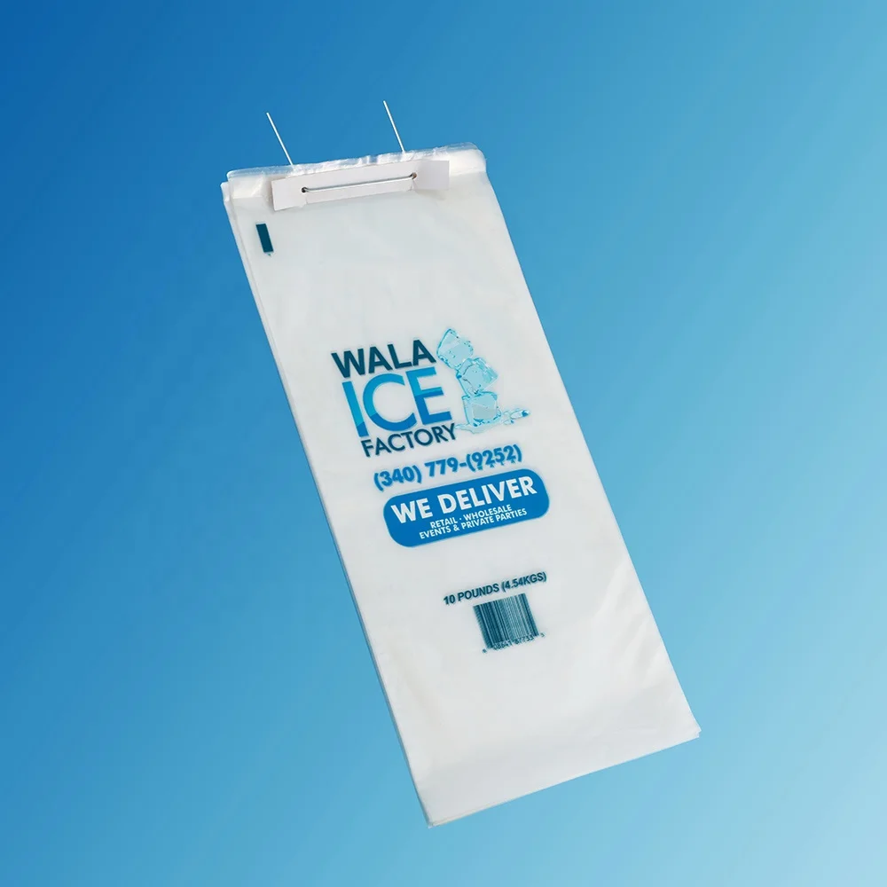 recycle LDPE ice packaging plastic bag with wicket and colorful printing