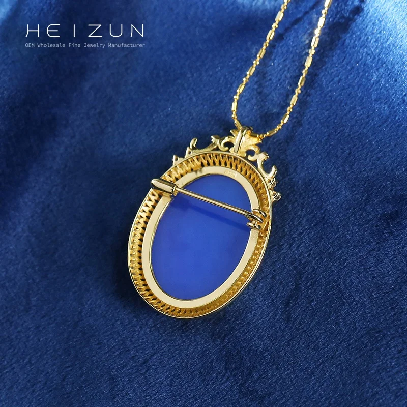 Customized S925 Silver Gold Plated Zircon Jewelry 3D Carved Black Agate Cameo Girl Portrait Brooch Pendant