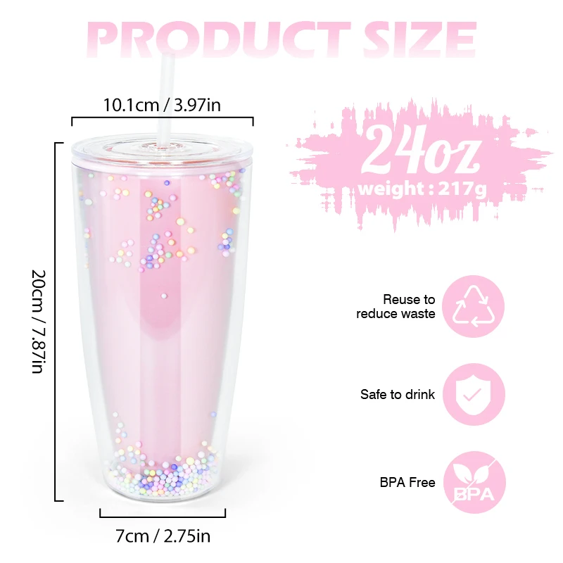 AGH New Arrival 24oz Double Wall Plastic Tumbler Acrylic Plastic Cup Colored Ball Filling Cup with Straw and Lid