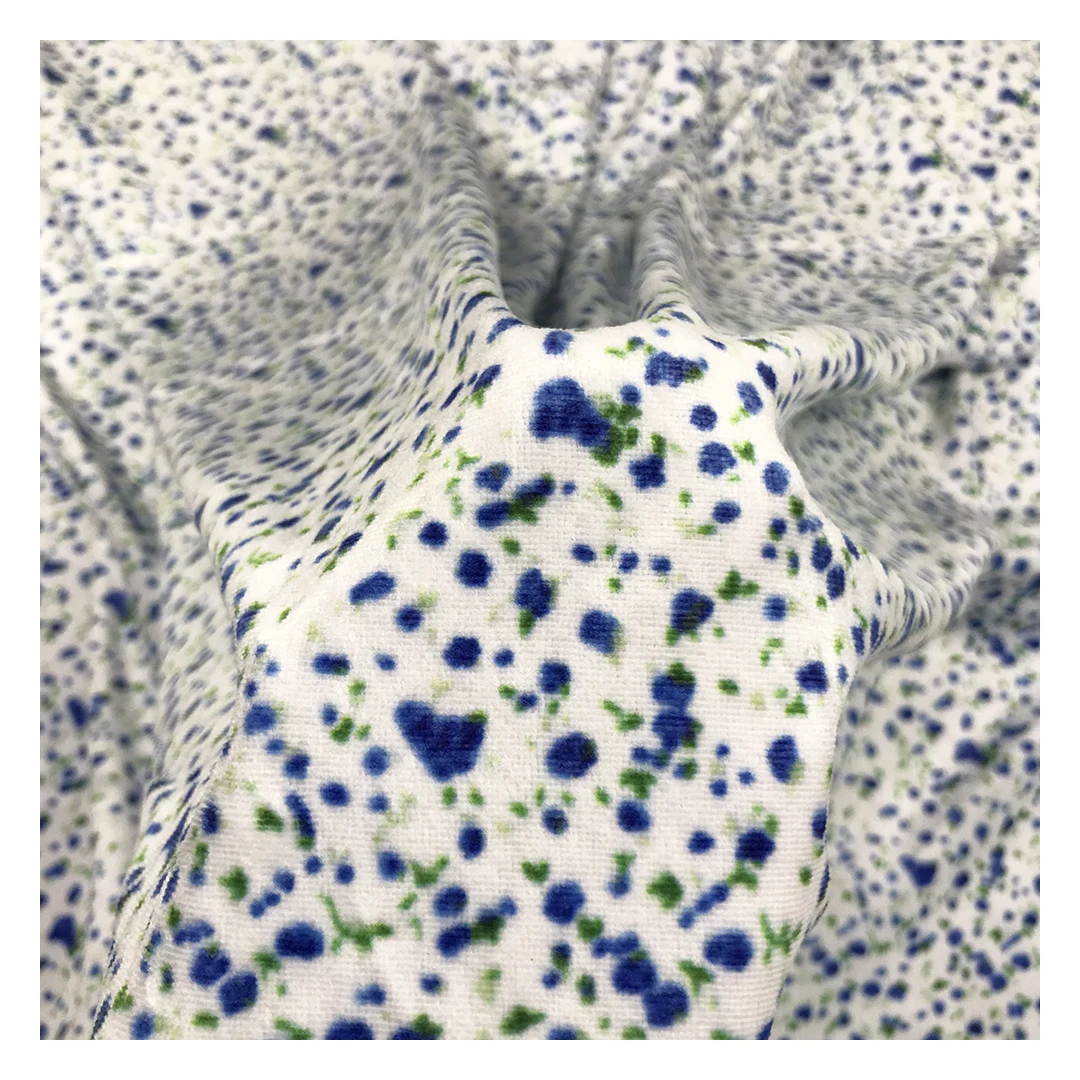 The factory outlet blue flower pattern 100% polyester two way stretch custom print velvet fabric for garment