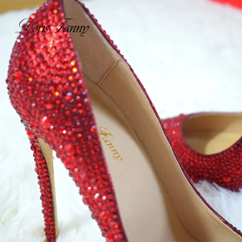 Wholesale Pointed Toe Stiletto Shoes Woman Red Crystals Wedding Shoes Bride Sexy Party High Heels Pumps For Women