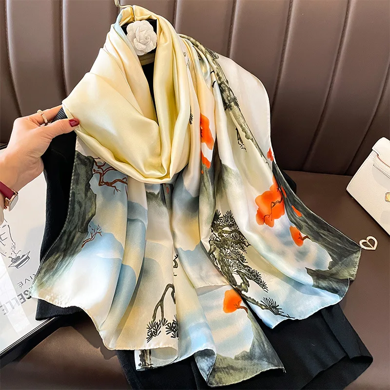 Wholesale hot sell new ladies designer silk scarves elegant flower printed silk hijabs Muslim women custom neck silk scarf shawl