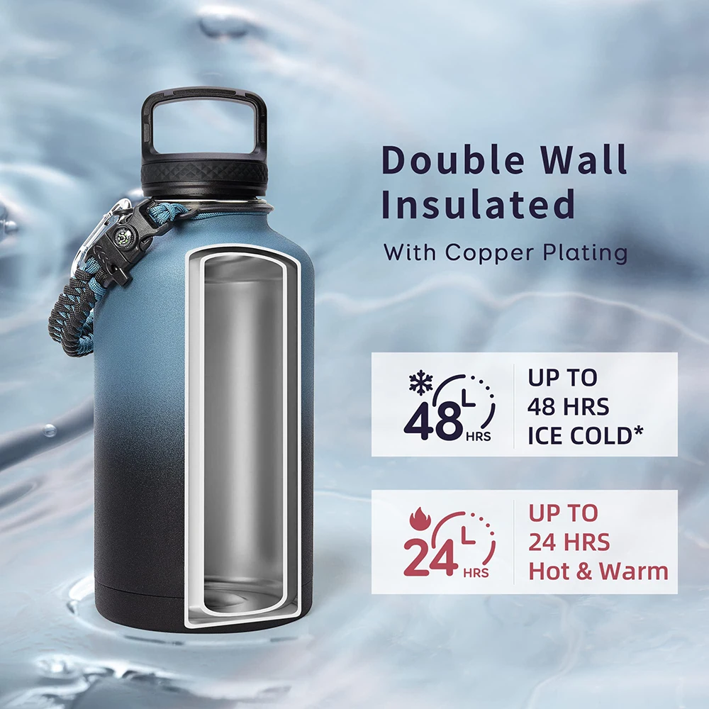 64oz Thermos Wattle Bottle Half Gallon Food-grade Double Wall Vacuum Stainless Steel Insulated Jug With Straw Spout Handle Lids