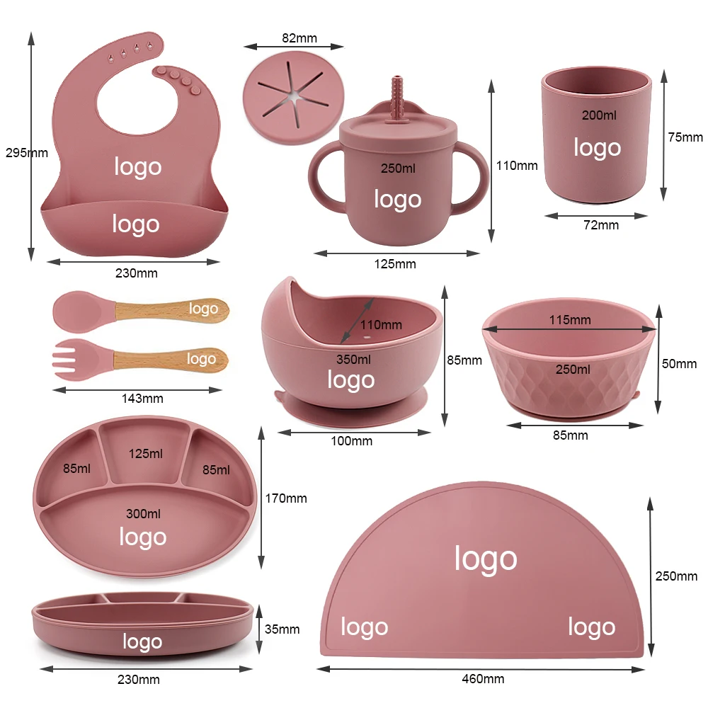 9 Pieces Wholesale Food Grade Bpa Free Baby Suction Bibs Bowl Dinnerware Silicone Feeding Set For Kids