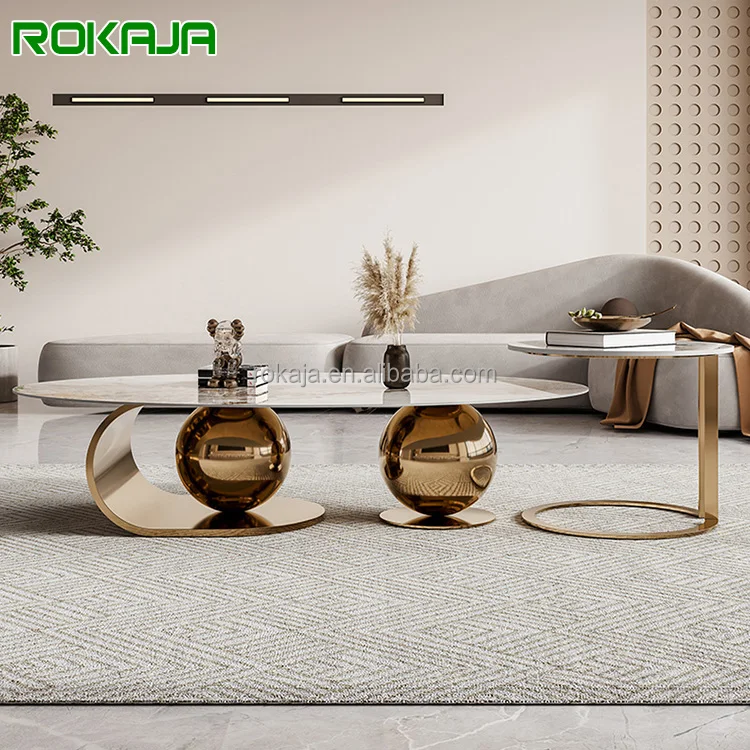 Luxury Modern Double Ball Coffee Tables Rock Plate Top Gold Stainless Steel Tea Table Set Mirror Finish Art Furniture