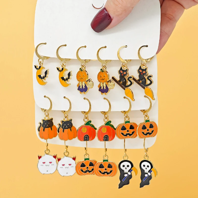 Halloween Oil Drop Pumpkin Black Cat Pendant Earrings Personality Creative Smiley Face Earrings Set For Halloweeb Decoration