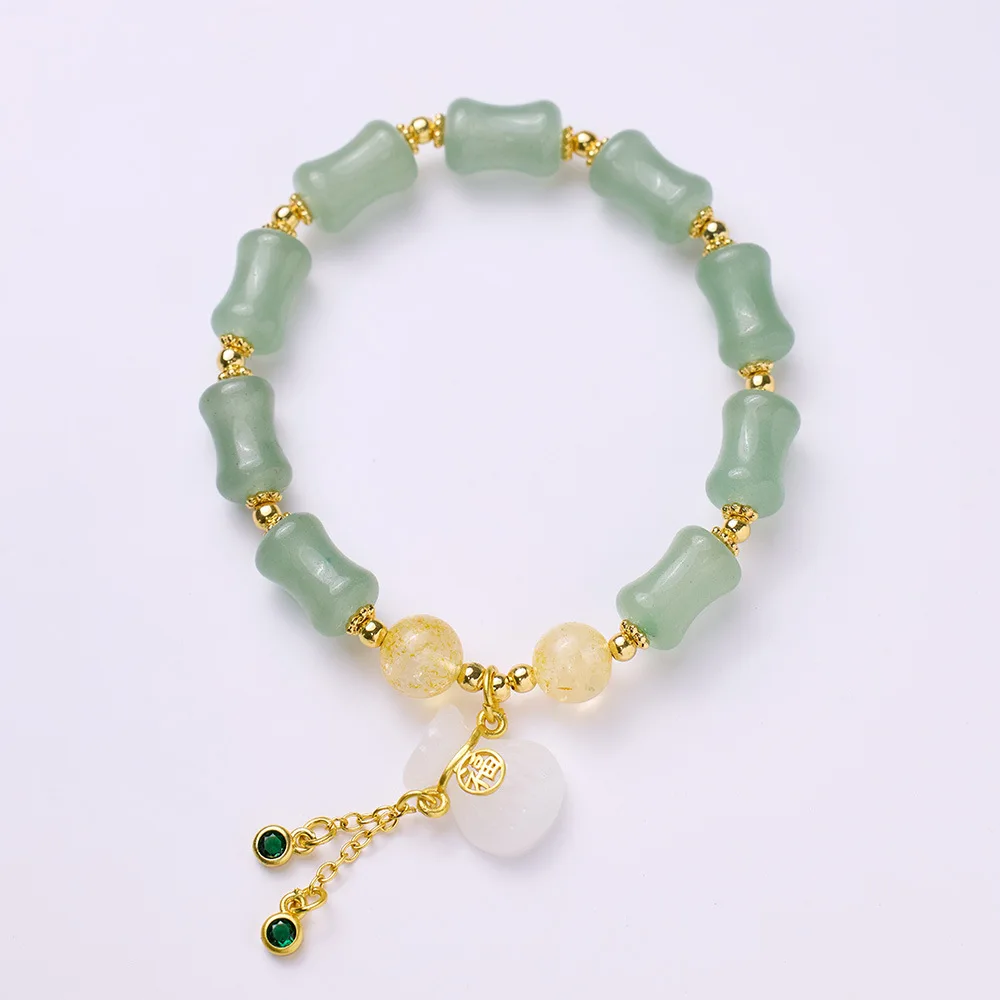 Natural White Jade Bamboo Shape Lucky Bag Chain Bracelet Women Chinese Style Fu Character Tassel Pendant Strand Bangles Gift