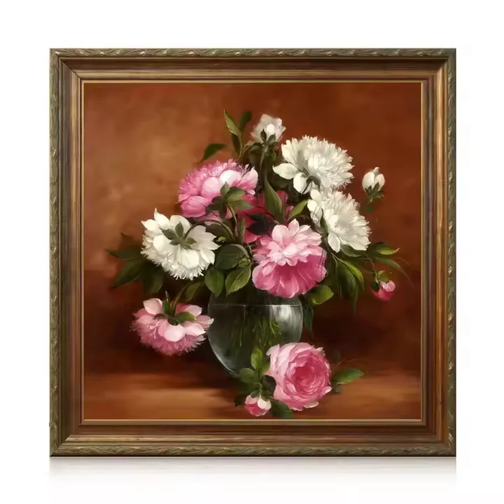 High Quality Canvas Artwork Pink White Flower Peony Handmade Oil Painting for Living Room Decor